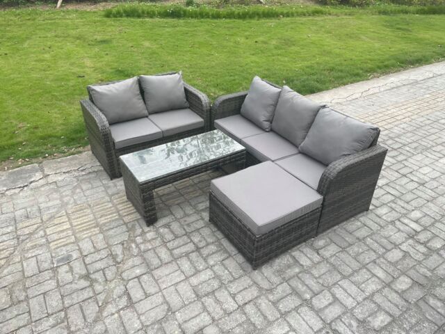 Fimous Outdoor Rattan Garden Furniture Set Patio Lounge Sofa Set with Rectangular Coffee Table Big Footstool Dark Grey Mixed - image 1