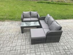 Fimous Outdoor Rattan Garden Furniture Set Patio Lounge Sofa Set with Rectangular Coffee Table Big Footstool Dark Grey Mixed - thumbnail 2