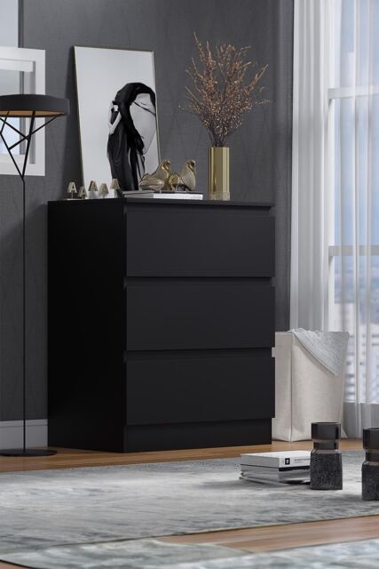 FWStyle Stora 3 Drawer Black Chest Of Drawers (H) 77 (W) 60 (D) 40cm - image 1