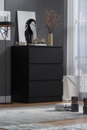 FWStyle Stora 3 Drawer Black Chest Of Drawers (H) 77 (W) 60 (D) 40cm - thumbnail 1