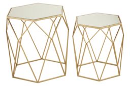 Orsina Set of 2 Hexagonal Mirrored Top Side Tables, Nesting Tables With Champagne Finish, Decorative Accent Tables in Gold - thumbnail 2