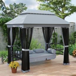 OUTSUNNY 3 Person Canopy Gazebo Swing Outdoor Patio Lounge w/ Mesh Walls, Grey - thumbnail 1