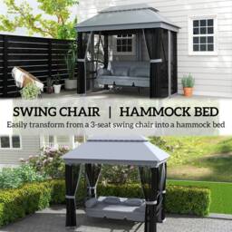 OUTSUNNY 3 Person Canopy Gazebo Swing Outdoor Patio Lounge w/ Mesh Walls, Grey - thumbnail 4