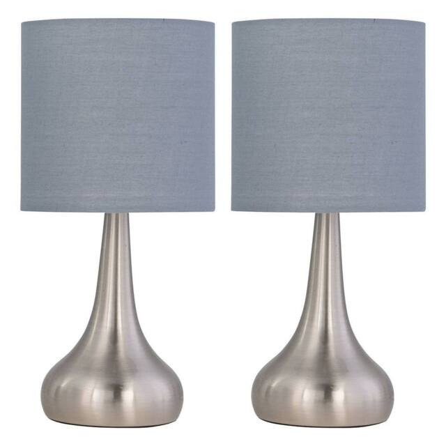 First Choice Lighting Set of 2 Romana - Brushed Chrome Touch Table Lamps Grey Cotton Shade in Silver - image 1