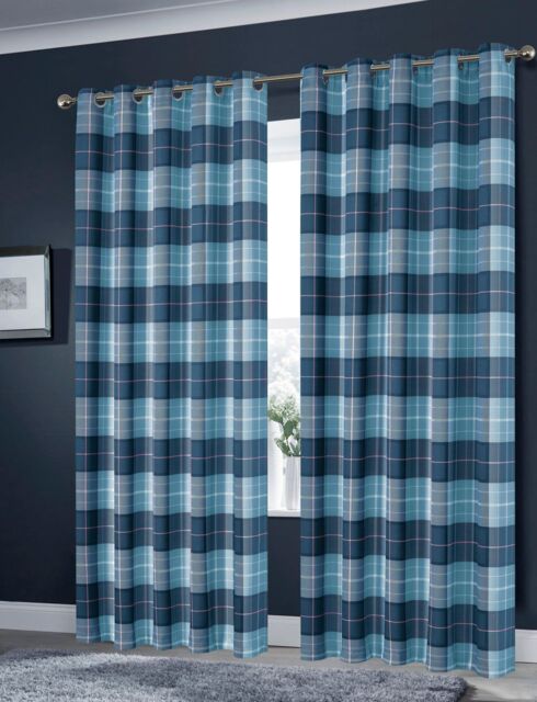 New Edge Blinds Printed Check Curtains in Emerald Green, 167cm x 183cm in Turquoise - Size: 167 cm width x 183 cm drop
