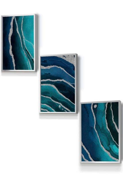 ARTZE Abstract Teal Blue Silver Strokes Framed Wall Art - Small in Metallic Silver - Size: W33 cm x H45 cm x D20mm - image 1