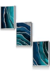 ARTZE Abstract Teal Blue Silver Strokes Framed Wall Art - Small in Metallic Silver - Size: W33 cm x H45 cm x D20mm - thumbnail 1