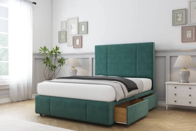 "Comfort Beds Arya Plush Divan Base 2 Drawers - 54"" Headboard-Footboard in Emerald - Size: Double" - image 1