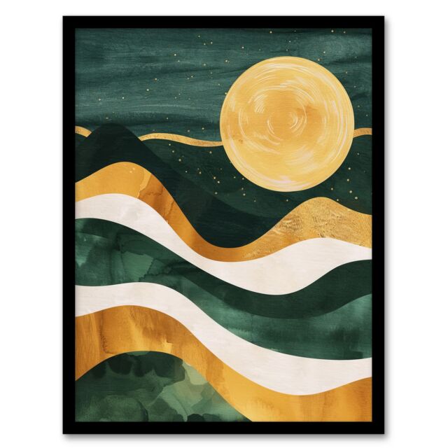 "Artery8 Full Moon Over Mountains Green Gold Boho Abstract Framed Art Print in Dark Green - Size: W12"" x H16""" - image 1