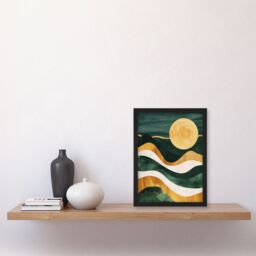 "Artery8 Full Moon Over Mountains Green Gold Boho Abstract Framed Art Print in Dark Green - Size: W12"" x H16""" - thumbnail 4