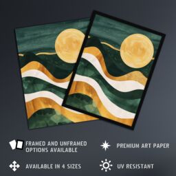 "Artery8 Full Moon Over Mountains Green Gold Boho Abstract Framed Art Print in Dark Green - Size: W12"" x H16""" - thumbnail 2