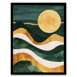 "Artery8 Full Moon Over Mountains Green Gold Boho Abstract Framed Art Print in Dark Green - Size: W12"" x H16""" - thumbnail 1