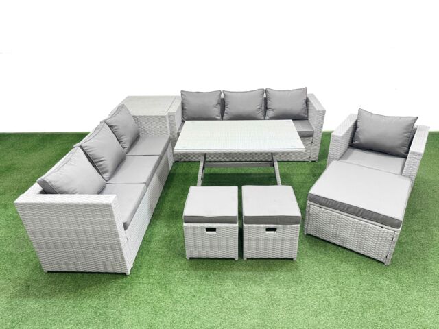 Fimous 10-seater Patio 3 Seater Sofa Armchair Set with Side Table 3 Stools in Light Grey - image 1