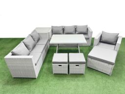 Fimous 10-seater Patio 3 Seater Sofa Armchair Set with Side Table 3 Stools in Light Grey - thumbnail 1