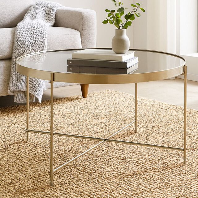 Orsina Polished Large Silver Mirror Side Table, Round Table With Mirror Glass Top, Chrome Lattice Base Lounge Sofa in Grey - image 1