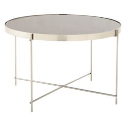 Orsina Polished Large Silver Mirror Side Table, Round Table With Mirror Glass Top, Chrome Lattice Base Lounge Sofa in Grey - thumbnail 4