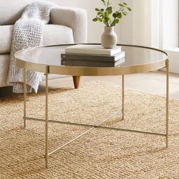 Orsina Polished Large Silver Mirror Side Table, Round Table With Mirror Glass Top, Chrome Lattice Base Lounge Sofa in Grey