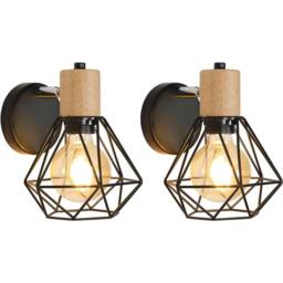 COMELY Set of 2 Industrial Wall Lights, 360° Adjustable Wooden Wall Lights in Black - thumbnail 1