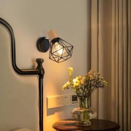 COMELY Set of 2 Industrial Wall Lights, 360° Adjustable Wooden Wall Lights in Black - thumbnail 2