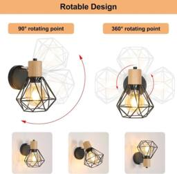 COMELY Set of 2 Industrial Wall Lights, 360° Adjustable Wooden Wall Lights in Black - thumbnail 7