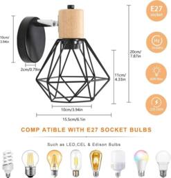 COMELY Set of 2 Industrial Wall Lights, 360° Adjustable Wooden Wall Lights in Black - thumbnail 6