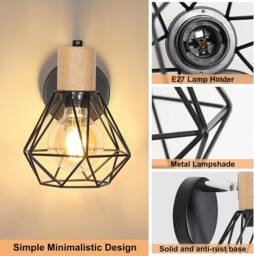 COMELY Set of 2 Industrial Wall Lights, 360° Adjustable Wooden Wall Lights in Black - thumbnail 8