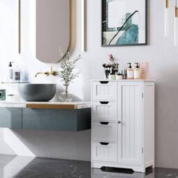 Hygrad Built to Survive Bathroom Floor Cupboard Wooden Cabinet Storage Unit with 4 Draw 1 Door in White - thumbnail 1