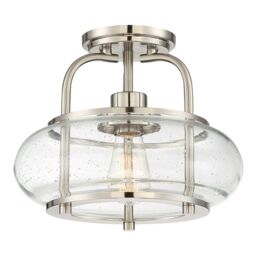 Loops Semi Flush 1 Light Clear Seeded Glass Shade Brushed Nickel LED E27 60W in Metallics