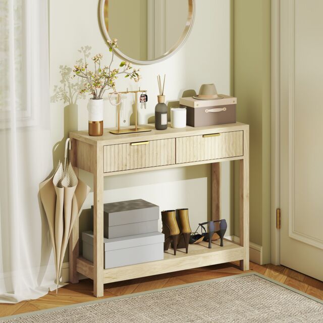 HOMCOM Modern Console Table with Fluted Panel Drawers, Narrow Hallway Table in Natural - image 1