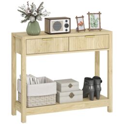 HOMCOM Modern Console Table with Fluted Panel Drawers, Narrow Hallway Table in Natural - thumbnail 2
