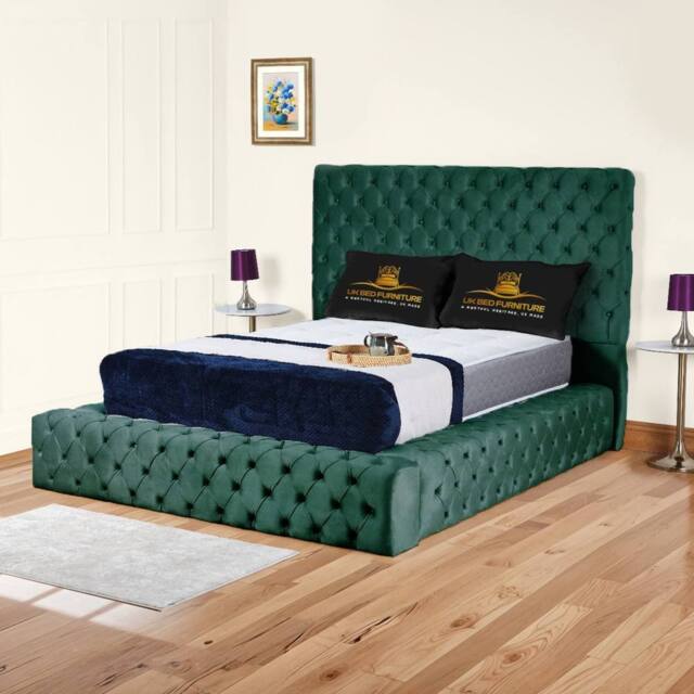 UK Bed Furniture Ambassador Upholstered Bed Frame with 54-inch Headboard - Slatted Base in Green - Size: Small Double - image 1