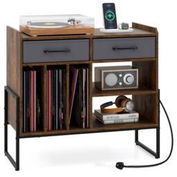 Costway Record Player Stand w/Charging Station 2 Drawers Vinyl Storage Cabinet in Brown - thumbnail 3