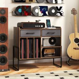 Costway Record Player Stand w/Charging Station 2 Drawers Vinyl Storage Cabinet in Brown - thumbnail 5