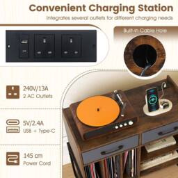 Costway Record Player Stand w/Charging Station 2 Drawers Vinyl Storage Cabinet in Brown - thumbnail 6