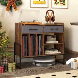 Costway Record Player Stand w/Charging Station 2 Drawers Vinyl Storage Cabinet in Brown - thumbnail 7