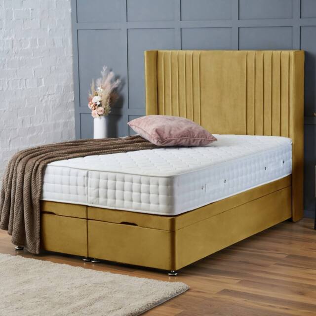 "BSSPOKE Charlotte Ottoman Divan Bed Plush Velvet 54"" Headboard & Mattress in Mustard - Size: Double" - image 1