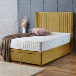 "BSSPOKE Charlotte Ottoman Divan Bed Plush Velvet 54"" Headboard & Mattress in Mustard - Size: Double" - thumbnail 1