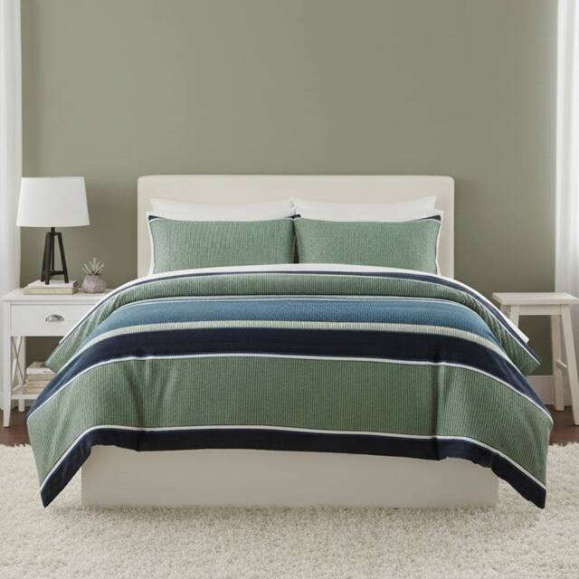Snug City Green & Blue Stripe Duvet Set Modern Stripe Bedding with Pillowcases - Size: Double - image 1