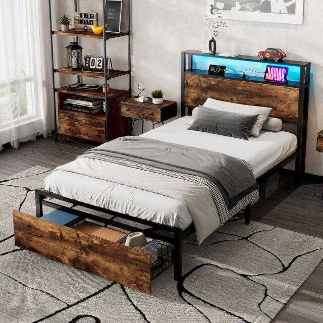 Matteo Metal Bed, 3FT Single Bed With LED Light Strip & Drawer, 2 USB Port+1 Type C in Black - Size: Single Fitted - image 1
