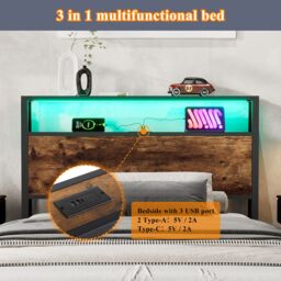 Matteo Metal Bed, 3FT Single Bed With LED Light Strip & Drawer, 2 USB Port+1 Type C in Black - Size: Single Fitted - thumbnail 7