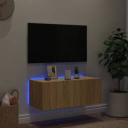 Berkfield Home TV Wall Cabinet with LED Lights Sonoma Oak 80x35x31 cm in Light Oak - Size: 80 x 35 x 31 cm - thumbnail 3