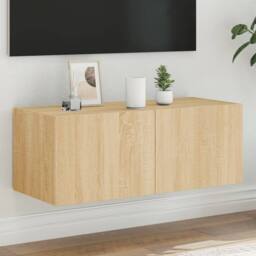 Berkfield Home TV Wall Cabinet with LED Lights Sonoma Oak 80x35x31 cm in Light Oak - Size: 80 x 35 x 31 cm - thumbnail 2
