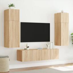 Berkfield Home TV Wall Cabinet with LED Lights Sonoma Oak 80x35x31 cm in Light Oak - Size: 80 x 35 x 31 cm - thumbnail 5