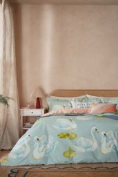 YVONNE ELLEN 'Sister Swans' Cotton Duvet Cover Set in Aqua - Size: Single - thumbnail 1