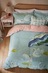 YVONNE ELLEN 'Sister Swans' Cotton Duvet Cover Set in Aqua - Size: Single - thumbnail 4