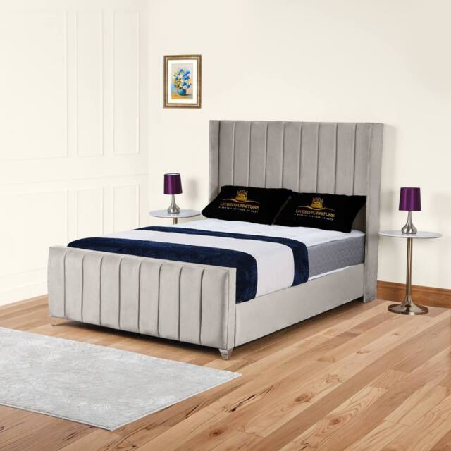 UK Bed Furniture Empire Winged Slatted Base Upholstered Bed with 48 Inch Headboard in Light Beige - Size: Single - image 1