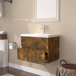Berkfield Home Sink Cabinet with Built-in Basin Smoked Oak Engineered Wood in Brown - thumbnail 4