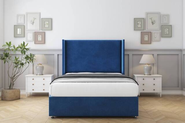 "Comfort Beds Madrid Plush Divan Base No Drawers - 54"" Wingback in Navy - Size: Double" - image 1