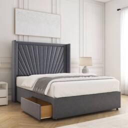 "BSSPOKE Alina Divan Bed Plush Velvet 54""Headboard & 2Drawers Footend Mattress in Charcoal - Size: King"