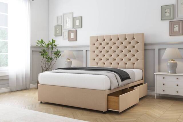"Comfort Beds Winslow Plush Divan Base 2 Drawers - 26"" Headboard in Stone - Size: Double" - image 1